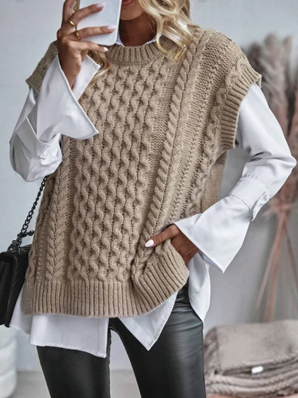 

Повседневный жилет с круглым вырезом, без рукавов, вязаный жилет с разрезами, легкий, дышащий, мягкий топ для повседневной носки для женщин