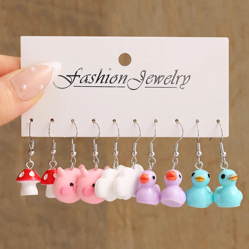 Cartoon Animal Mushroom Frog Duck Dangle Earring Set For Women Heart Butterfly Drop Earrings Girl Kids Cute Trendy Jewelry Gifts