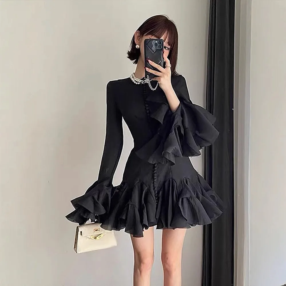 

Suninheart Long Sleeve Ruffle Dress Elegant 2025 New Arrival New Mini Flare Sleeve Dress O Neck Pink Button Dress
