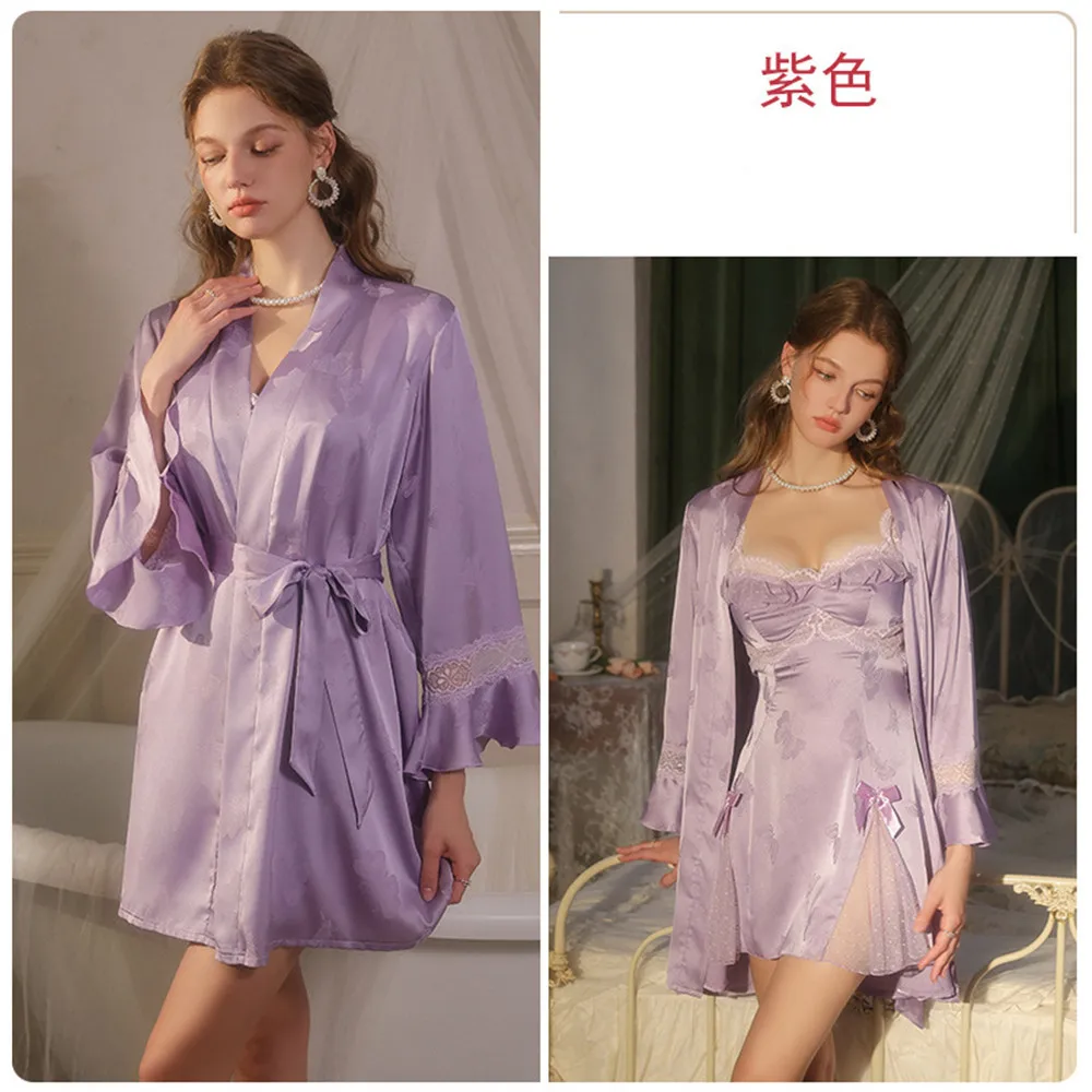 ชุดคลุมผ้าซาตินลายผีเสื้อฤดูร้อน แต่งขอบลูกไม้เซ็กซี่ ชุดนอนหรูหรา ชุดกิโมโนผ้าซาติน