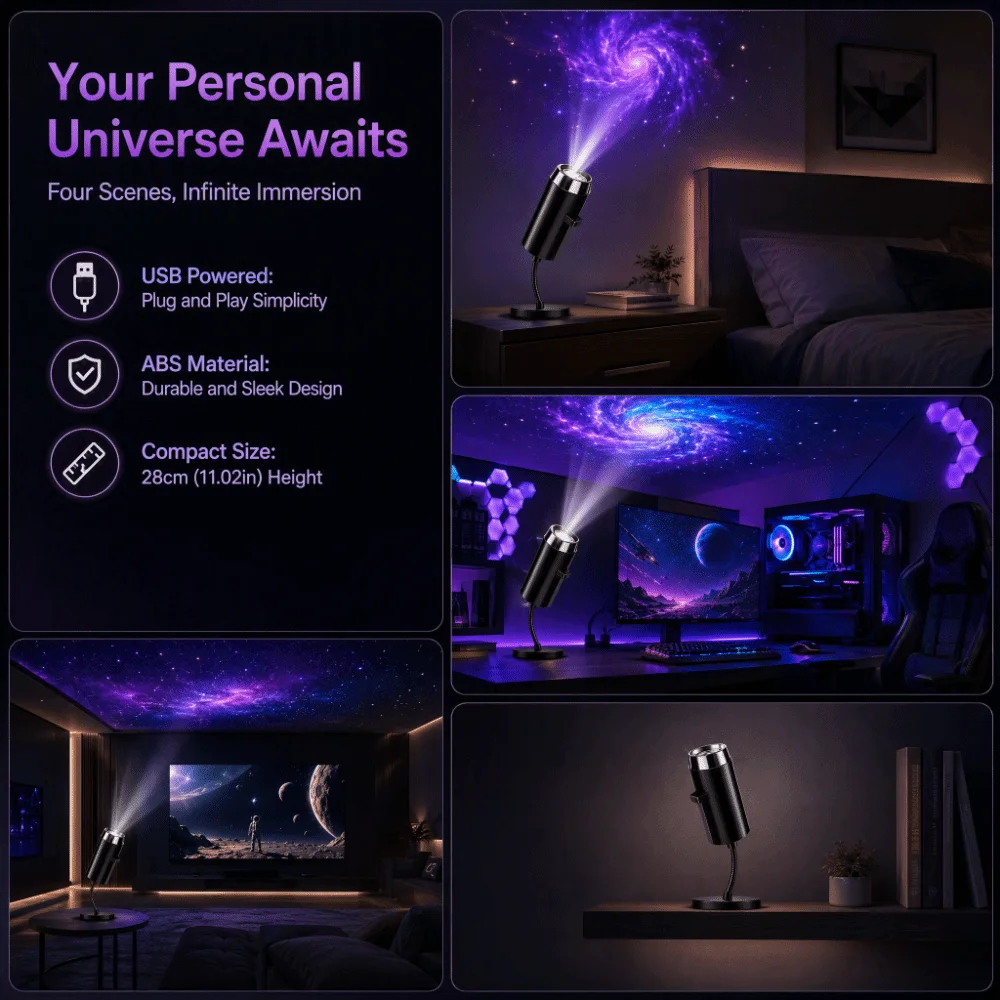 360 Degree Rotating Dreamy Starry Sky Projector USB Powered Flexible Neck Replacement Lamp Strip Interchangeable Slides USB
