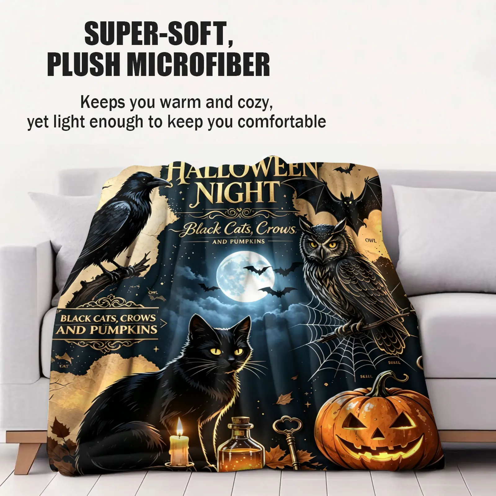 Halloween Night Flannel Throw Blanket Vintage Gothic Black Cat Crow Owl Pumpkin Bat Full Moon Candle Print Soft Plush Blanket