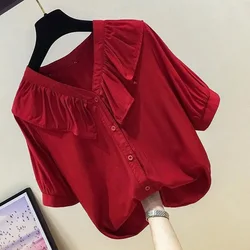 Elegant V-Neck Solid Color Spliced Folds Ruffles Shirt Female Clothing 2023 Summer New Casual Tops Loose Sweet Blouse