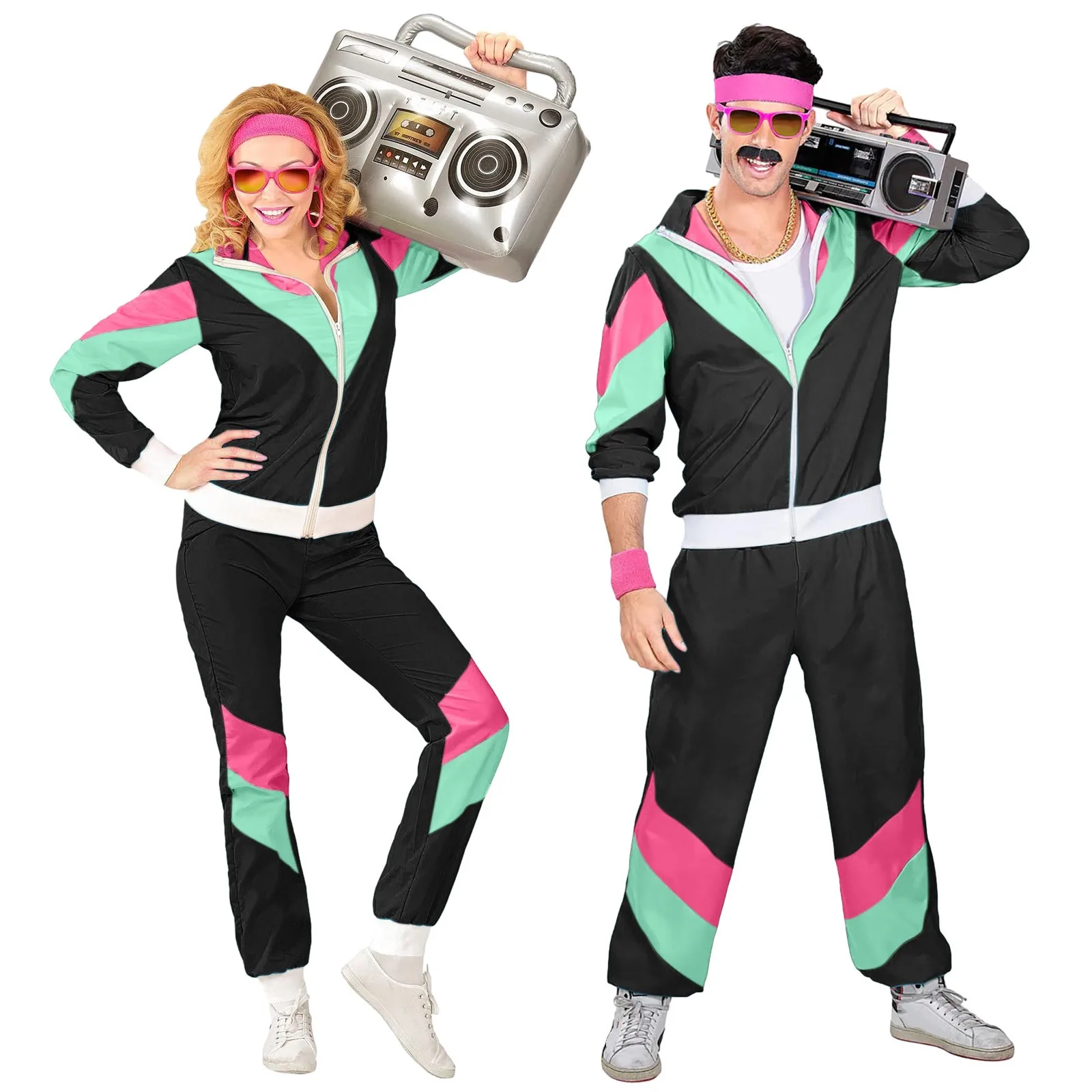 Adult 80s Tracksuit Retro Hip Hop Cosplay Costumes Windbreaker Disco Tracksuit Sets Colorblock Mardi Gras Party Carnival Outfits