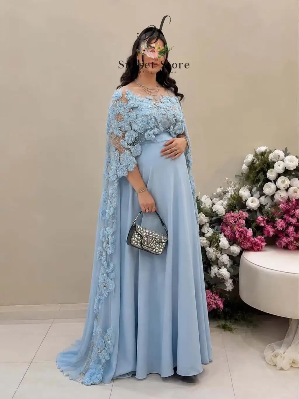Customized Spaghetti Strap Evening Dress with Cape Blue A Line Pregnant Woman Formal Gown 2 Pieces Maternity Attire