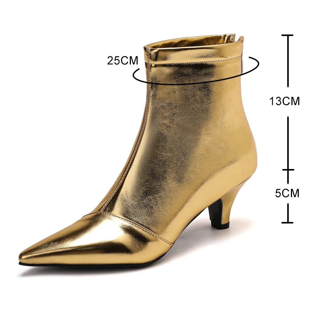 2024 New Gold Silver Stilettos Ankle Boots PU Leather Women Pointed Toe Low Heel Short Boots Sexy Women Zip Booties Feminim