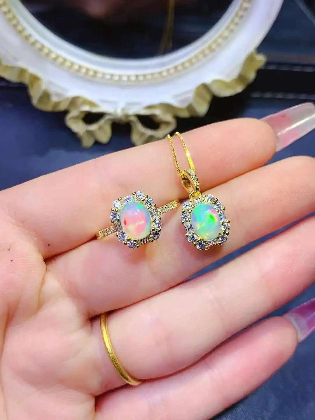 

Лучший подарок на годовщину, набор натуральных настоящих опалов, стерлинговое серебро 925 пробы, 1 шт., кольцо с натуральным опалом, 1 кулон с натуральным опалом