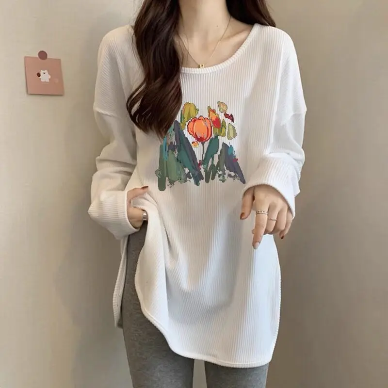 

women's Autumn Fashion Simplicity Screw Thread O-neck Long sleeve tshirt women clothes Casual All-match Mid to long length top