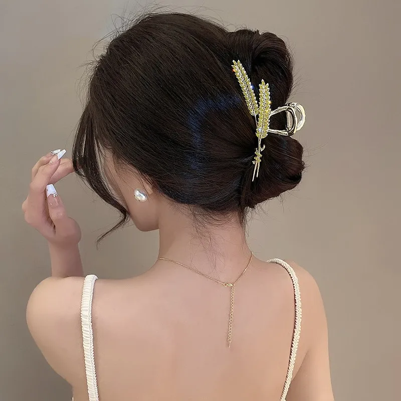 Hair Claw Wheat Ear Back Head Large Rhinestone Acetate Silver Lightweight Non Slip Elegant Fresh Niche Women Girls Party