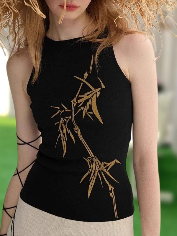 

Black round Neck Sleeveless Vest Women's Summer New Design Bamboo Leaf Print Slim Fit Inner Wear Top Vintage Commute Style