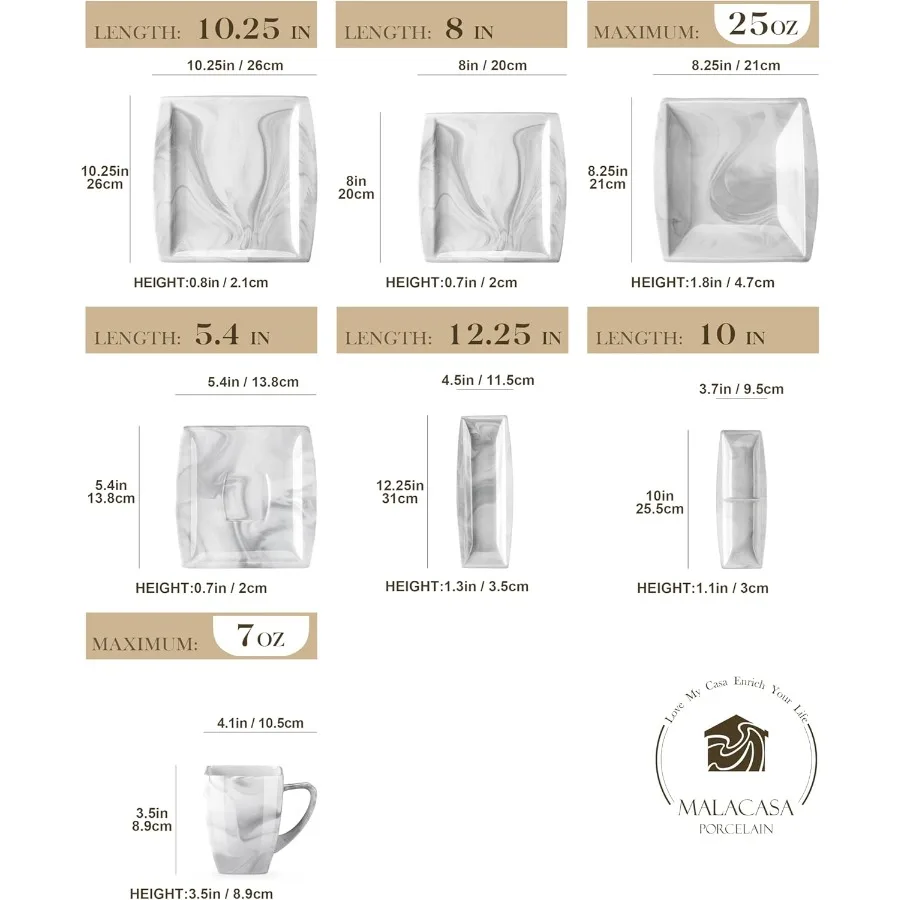 32Piece Porcelain Dinnerware Set for 6 with Marble Grey Design Includes Plates Bowls Cups and Saucers Side Dish Plates Square D