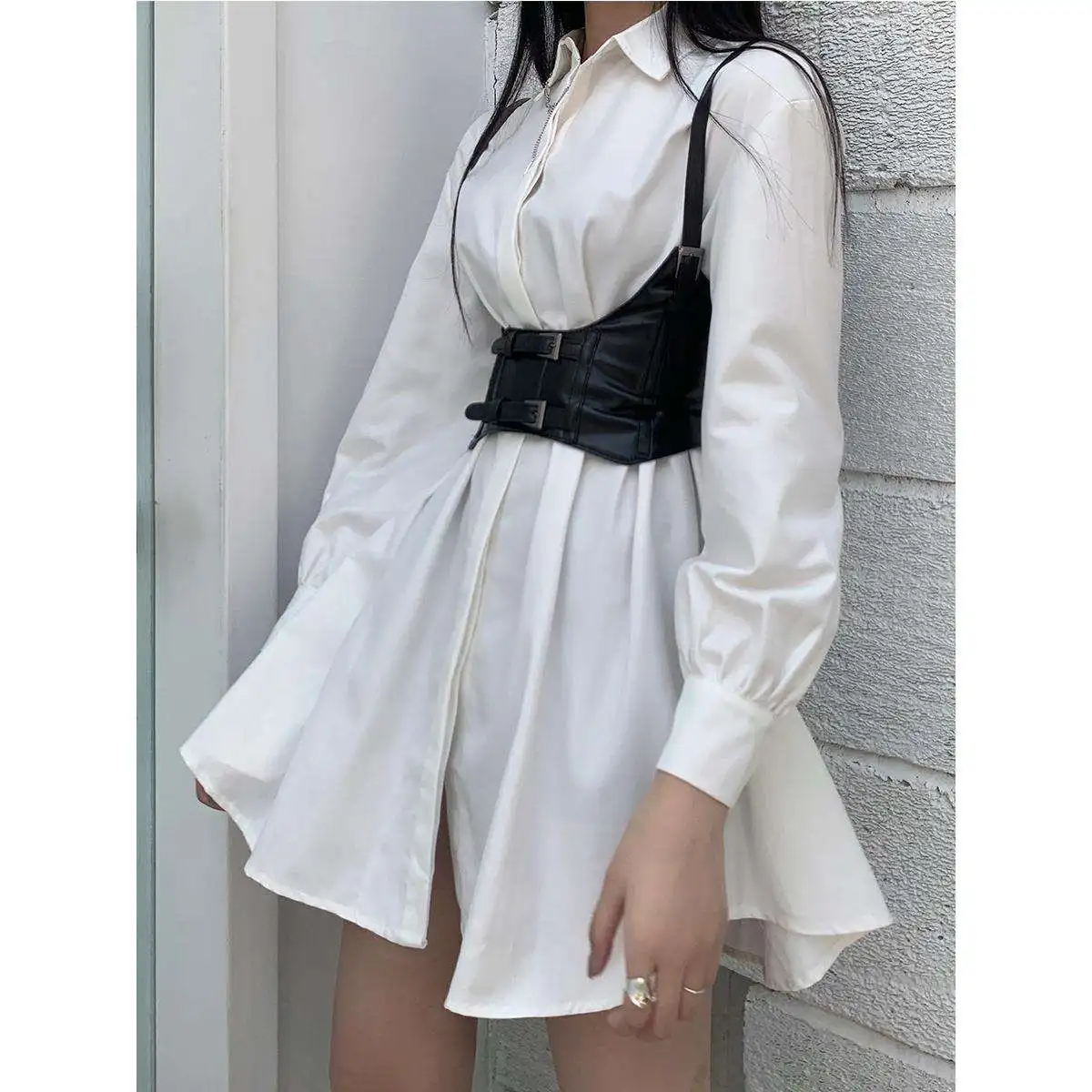 

Chic Salt-and-Pepa Sle Women's Mid-Length irt Dr with Waist-Cinching Design And Belt Casual Faion Six-Sve Stand-C...