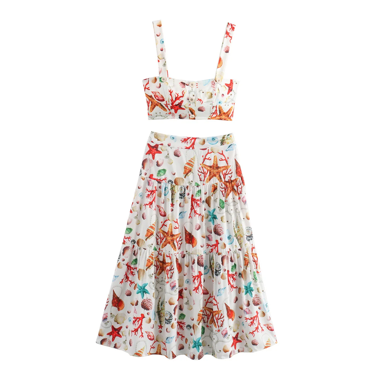 Ladies Suits Printed Camisole Top 2024 Summer New Fashion Sleeveless Printed Suspended Half Skirt Set Open Back and Waist Dress