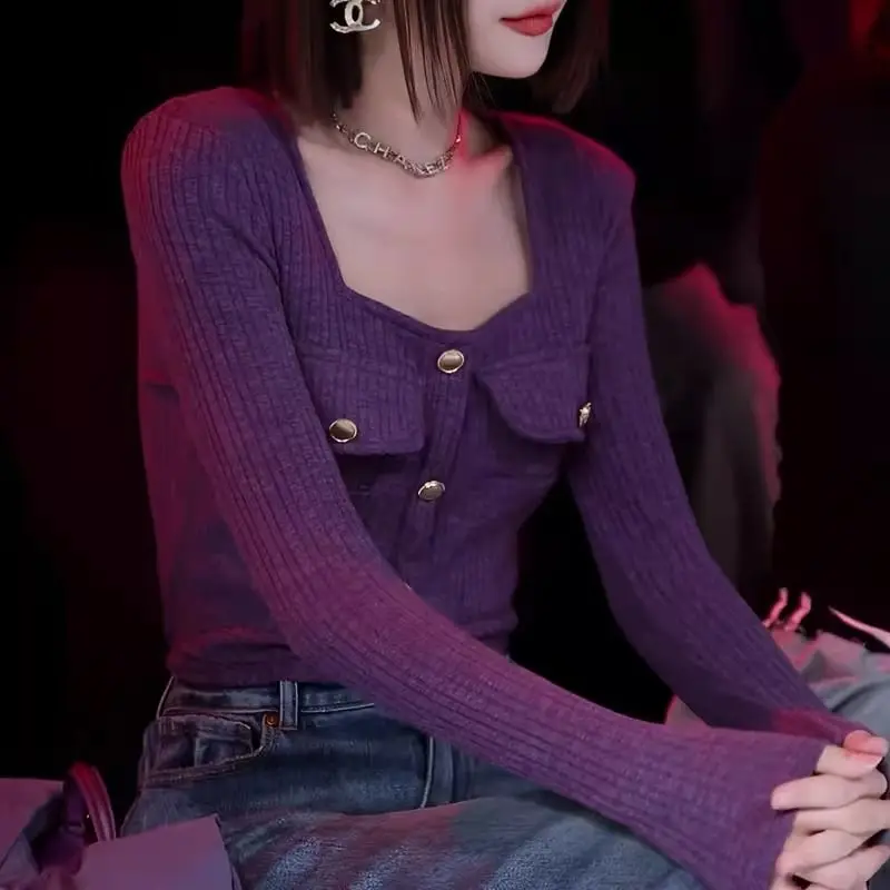 

Короткие топы с тонкими пуговицами в стиле пэчворк, весенне-осенние новые однотонные элегантные футболки с длинными рукавами, модная корейская женская одежда