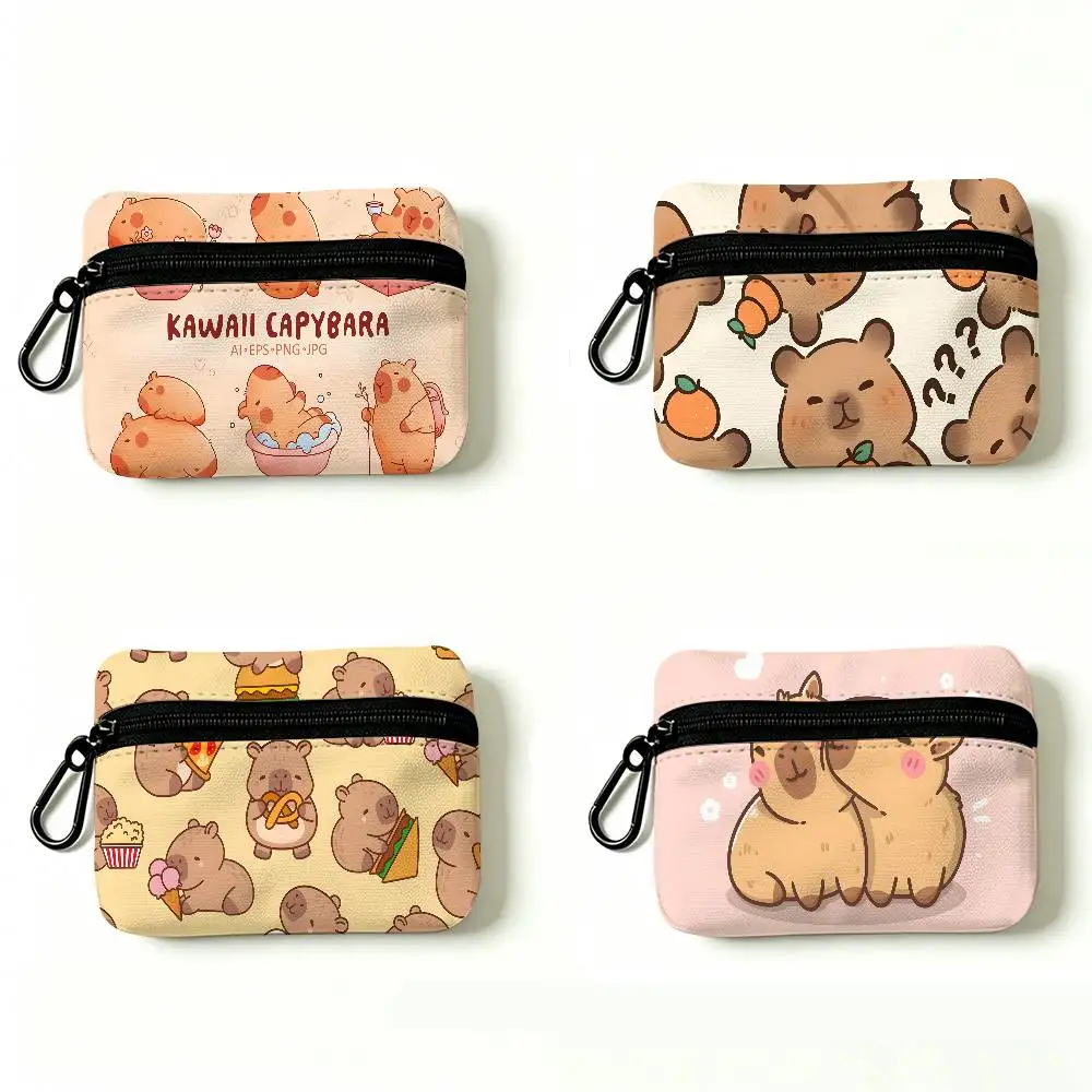 Cute Capybara Lightweight Oxford Fabric Coin Purse Carabiner Hook Design Mini Card Key Organizer Bag