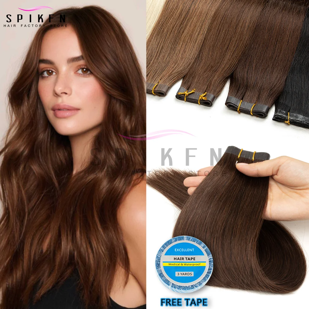 SPIKFN-mechones de pelo de trama de piel sintética de 12 "-20", tejidos destacados, trama de cabello humano virgen marrón oscuro para mujeres sin cinta