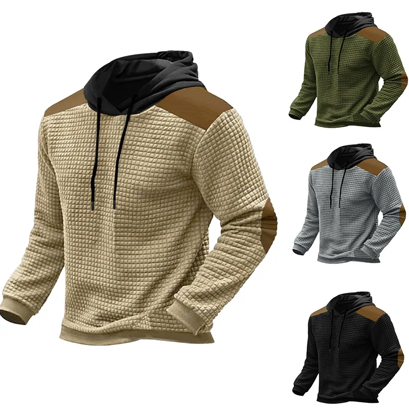 New autumn and winter men's knitted jacquard small square color matching casual sweatshirt long-sleeved sports hooded pullover