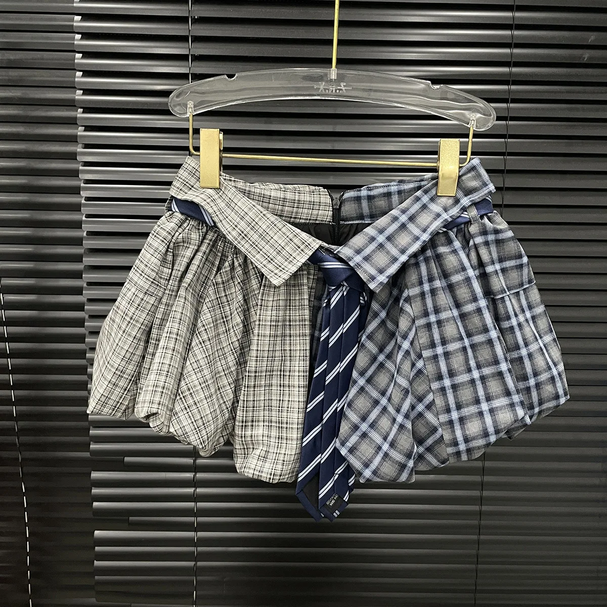 Women Contrast Stripe Bubble Mini Skirt Detachable Red Tie Waist Puffy Balloon Skirt Preppy School Uniform A Line Short Skirts