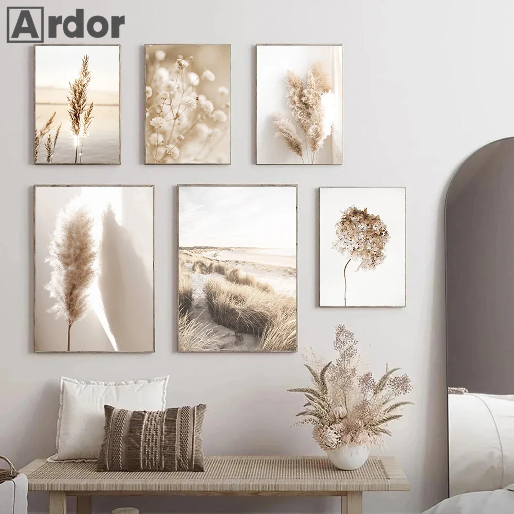 Beige Leaf Reed Posters Beach Canvas Print Dried Flower Art Poster Dandelion Prints Painting Nordic Wall Pictures Bedroom Decor