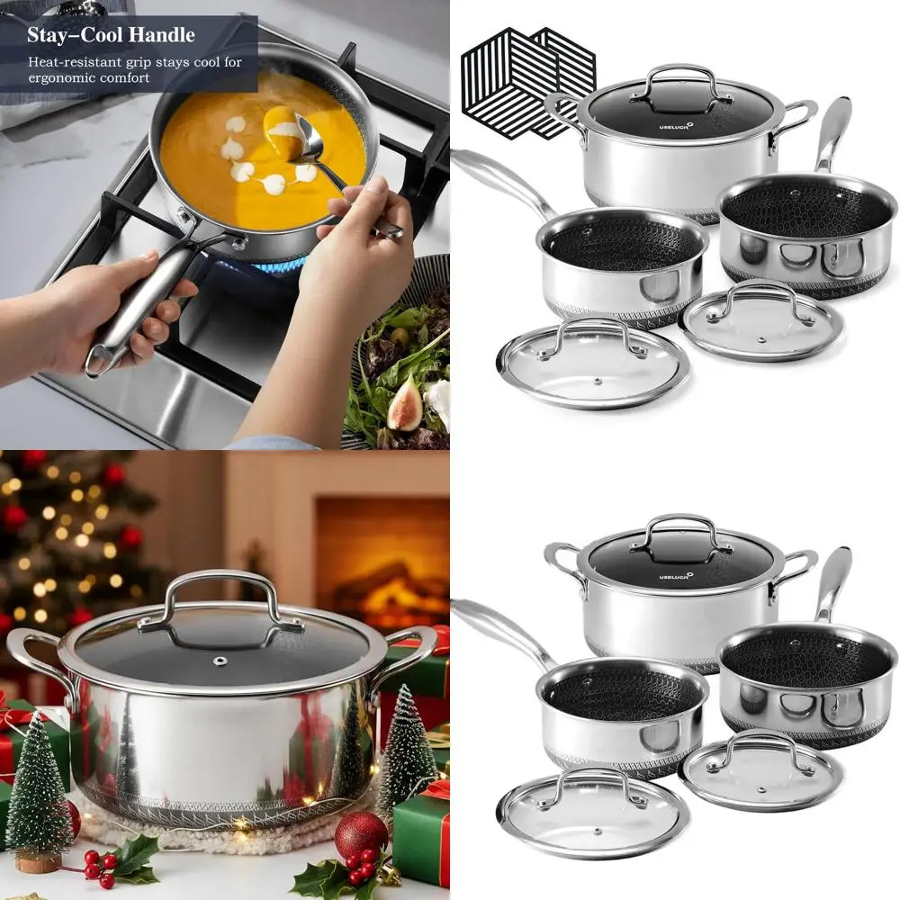 

Nonstick Pot Set: 1.5 Qt Saucepan, 2 & 5.2 Qt Stockpots, Glass Lids, Cool Handles, Silicone Trivets, Dishwasher Safe, All Cookto