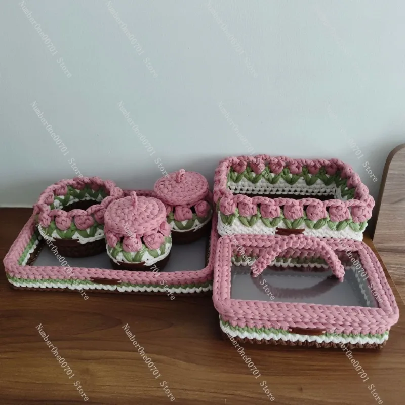 INS Hot Selling Handmade Hook Weaving Baby Desktop Storage Box Set Moses Basket Baby Cradle Bed Rose