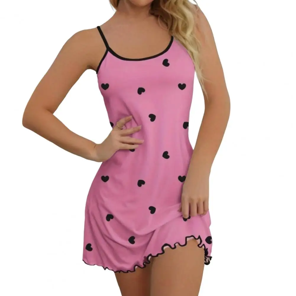 

Women A-line Nightgown Summer Nightdress Heart Print Nightgown with Spaghetti Straps Backless Design Women's A-line for Summer