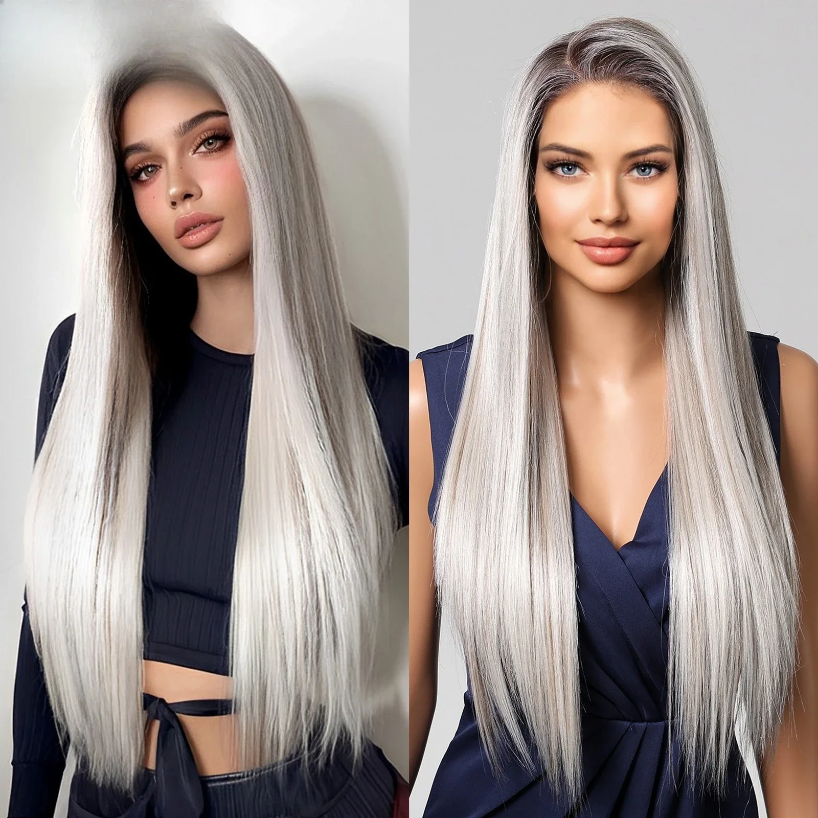 

Wig female European and American silver gray headgear 13 * 6 lace free seam Kanikaren long straight hair