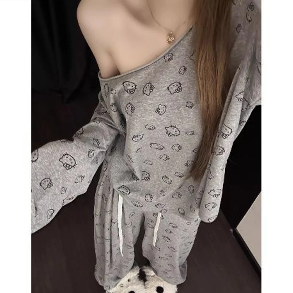 

2025 милый комплект домашней одежды Sanrio с героями мультфильмов «Hello Kitty», штаны с длинными рукавами, пижамный костюм для девочек, студенческая аниме, удобная ночная рубашка