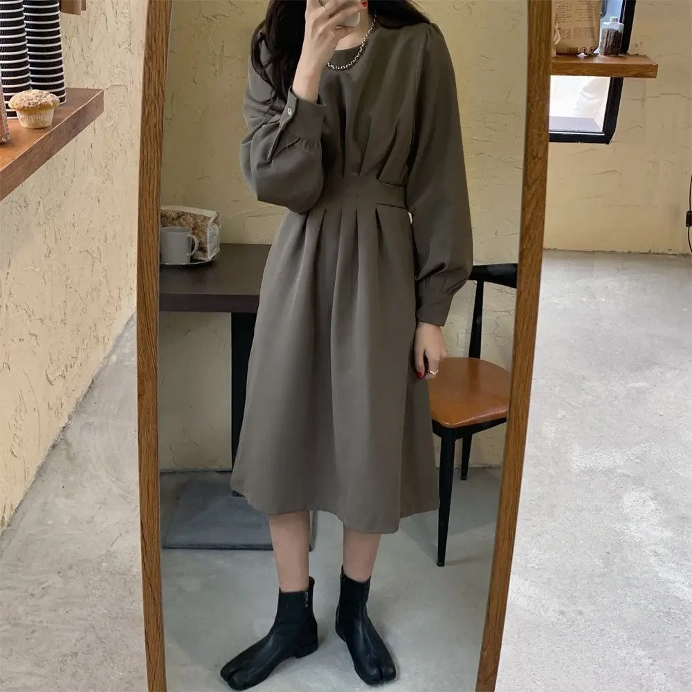 Slimming Effect Large Size Women's Vintage French Waist-Cinching Dress Elegance Midi Knitted Long Sleeve round Neck Dress