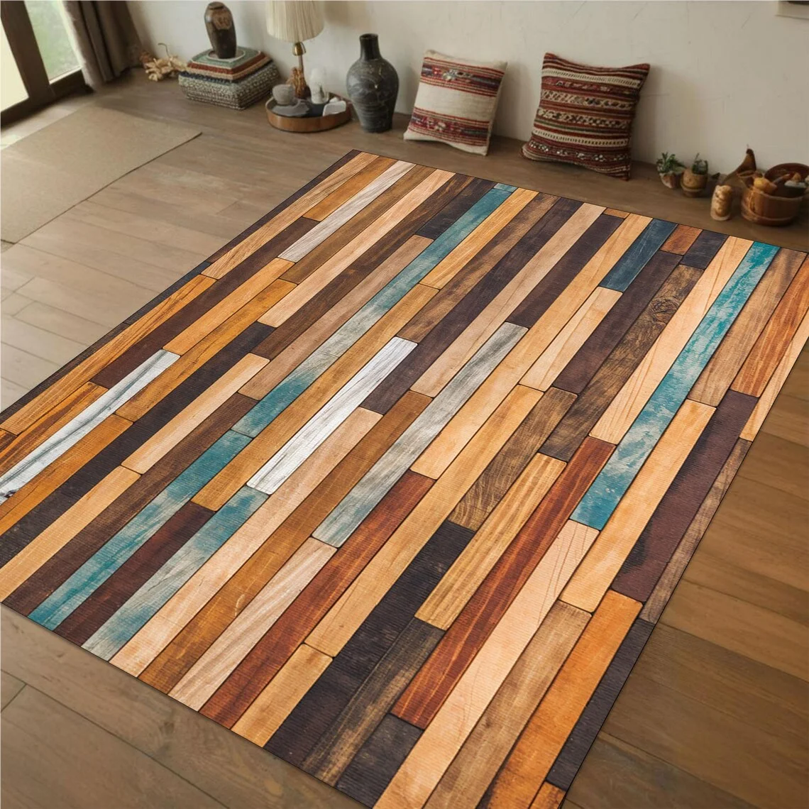 سجادة منطقة طباعة الألواح الخشبية بألوان متعددة سجادة خشبية ريفية للمقصورة أو المقصورة أو سجادة أرضية طبيعية #2