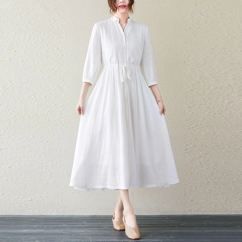 

2026 New Arrival: White Linen Stand-Collar Dress – Loose Casual Fit with 3/4 Sleeves, Chic Versatile Vacation Style