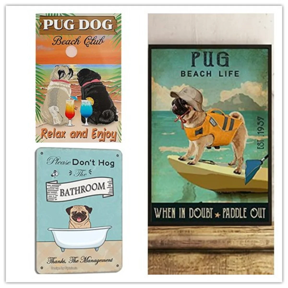 Don't Hog The Bathroom Pug Dog Vintage Look Metal Decoration Poster Sign for Home Room Bathroom Farmhosue Funny Wall Decor