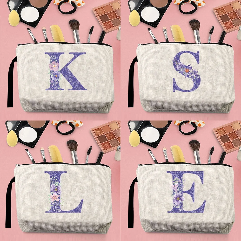 Woman Makeup Organizer Bag Purple Flower Initial Name Pattern Printed Strap Fashion Zipper Beige Canvas Coin Purse Pencil Case