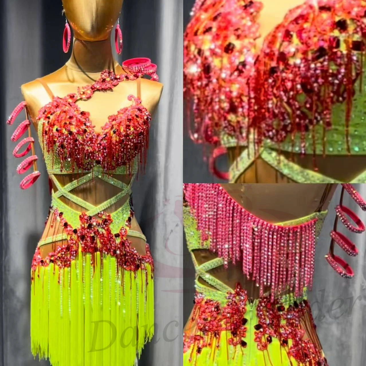 Latin Dance Adult Children'S Dress AB Stone High-End Custom Fluorescent Contrasting Tassel Cha Tango Women'S Clothing