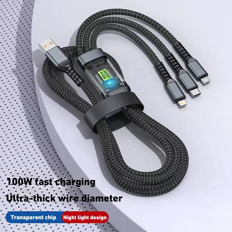 Xiaomi New 120W Super Fast Charging USB C Type 3 In 1 Data Cable With Light For IPhone Samsung Xiaomi Huawei Fast Charging Cords