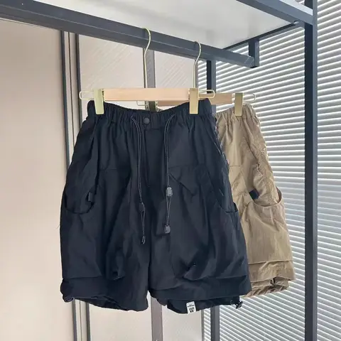 남성용 루즈핏 반바지 카키색 와이드 솔리드 카고 반바지 포켓 배기 밴딩 허리 드로스트링 나일론 우아하고 인기있는