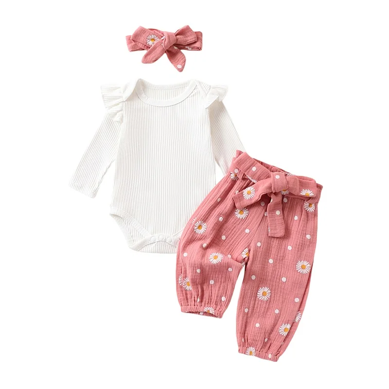 Newborn Baby Girl Fall Winter Outfits Cute Ruffle Long Sleeve Ribbed Romper Top Bow Pants with Headband