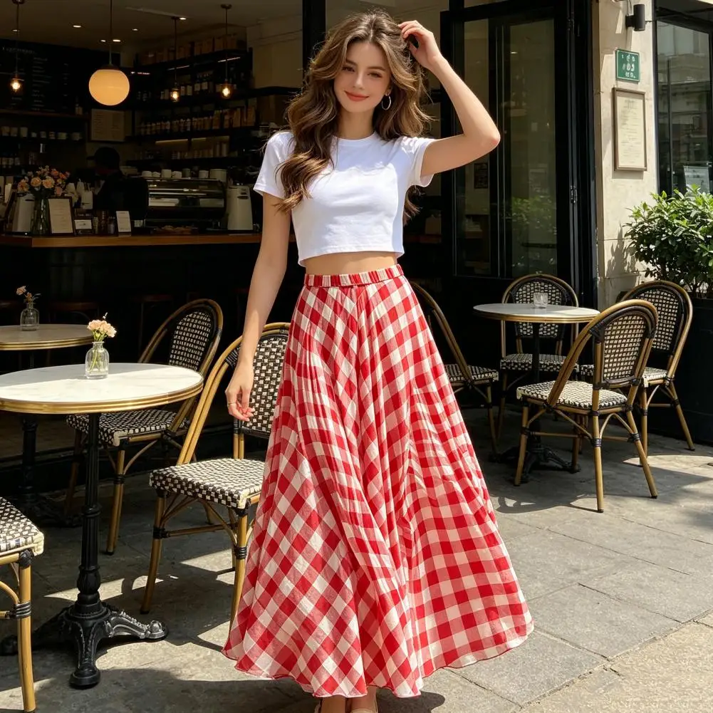 2026 Beach Skirt Women’s Plaid Maxi Skirt Elastic Waist Long Skirt Flowy Hem Lightweight Summer for Beach Travel Vacation Party