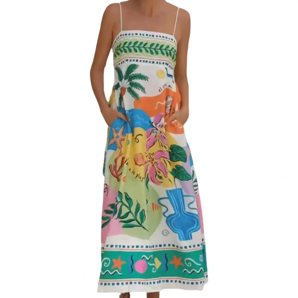 Frauen Sommerkleid Cartoon Print Spaghetti träger Maxi kleid mit Seiten taschen für Sommer Strand urlaub A-Linie Slip Kleid mit großen