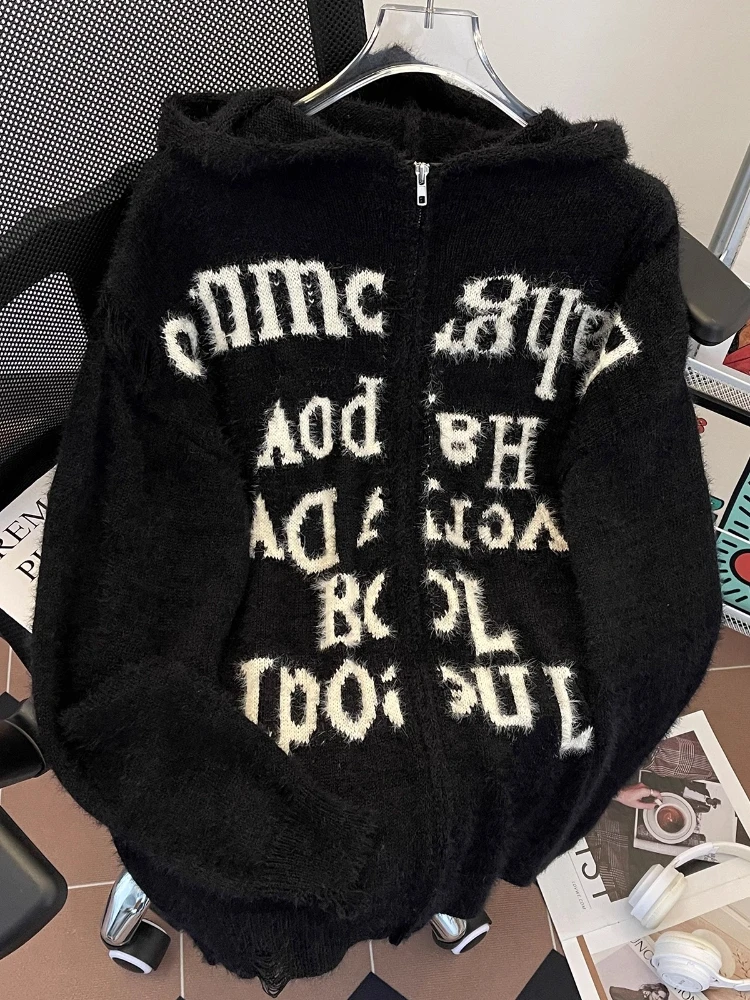 

Мужской осенне-зимний рваный свитер на молнии с капюшоном, кардиган, японский винтажный жаккардовый пушистый вязаный жакет с надписью, уличная одежда больших размеров