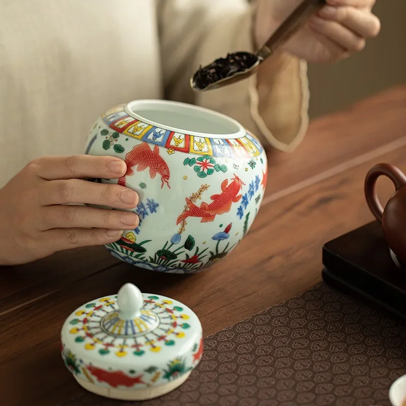 1PC Jingdezhen Fish and Algae Pattern Enamel Color Tea Pot Moisture-proof Sealed Ceramic Jar Apple Shape Ceramic TeaSet Ornament