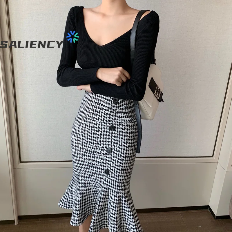Winter Thick Plaid Mid-length Skirts for Women Fashion Elegant Retro Ruffled High Waist Fishtail Wrap Hip Skirts