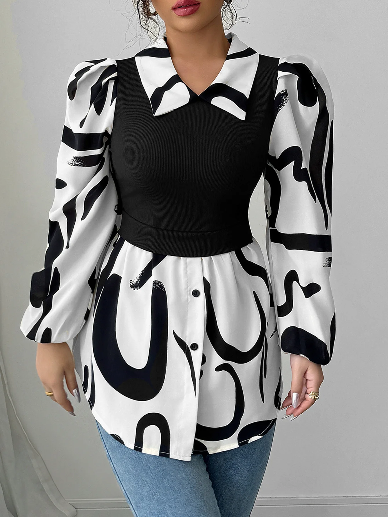 

Spring New Fashionable Elegant Abstract Printed Splicing Solid Color Knitted Sweater Collar Bubble Sleeves Women's Shirt