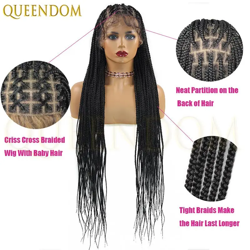 36 بوصة كامل الدانتيل شعر مستعار أمامي متقاطع جديلة شعر مستعار الاصطناعية آلهة صندوق شعر مستعار مضفر للنساء السود فو كورنو لوكس شعر مستعار