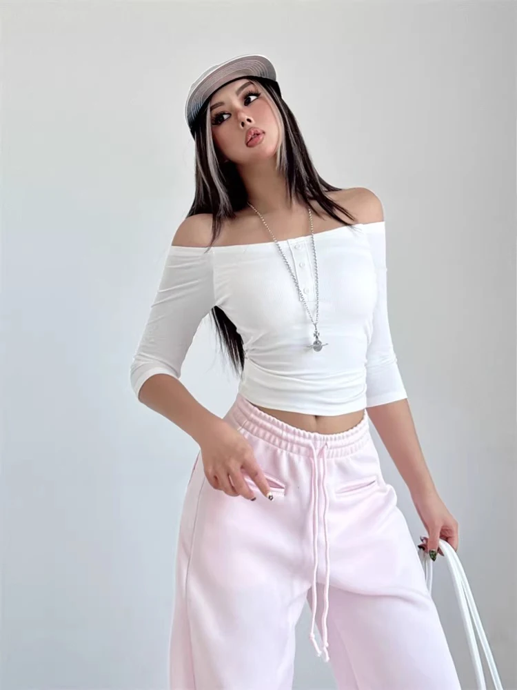 Women's Button Front Slinky Bardot Three Quater Top With Built-in Padded Cups