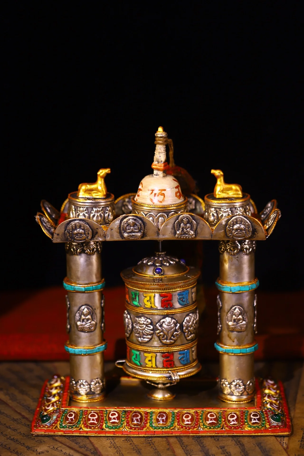 

10"Tibetan Temple Collection Old Tibetan Silver Gilded Painted Mosaic Gem gZi Beads Eight Treasures Prayer Wheel Old Scriptures