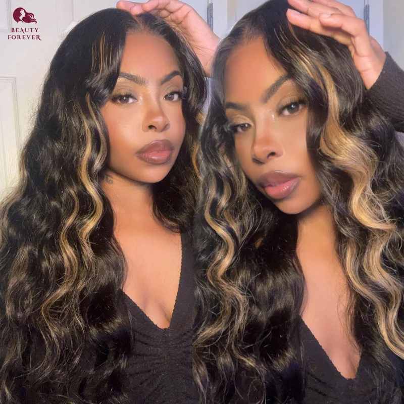 

Highlights Blonde Colored Human Hair Wig Glueless Malaysian Body Wave Lace Front Wig 7x5 Bye Bye Knots Transparent Lace Wig