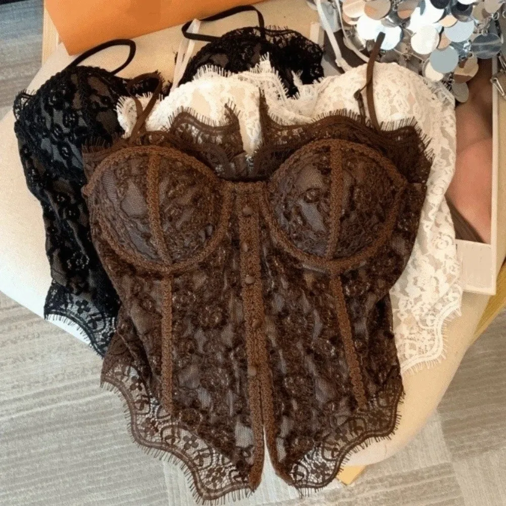 Tank Top Transparent Lace Camisole Sleeveless Slim fit Crop Tops Fishbone Suspender Vest Travel