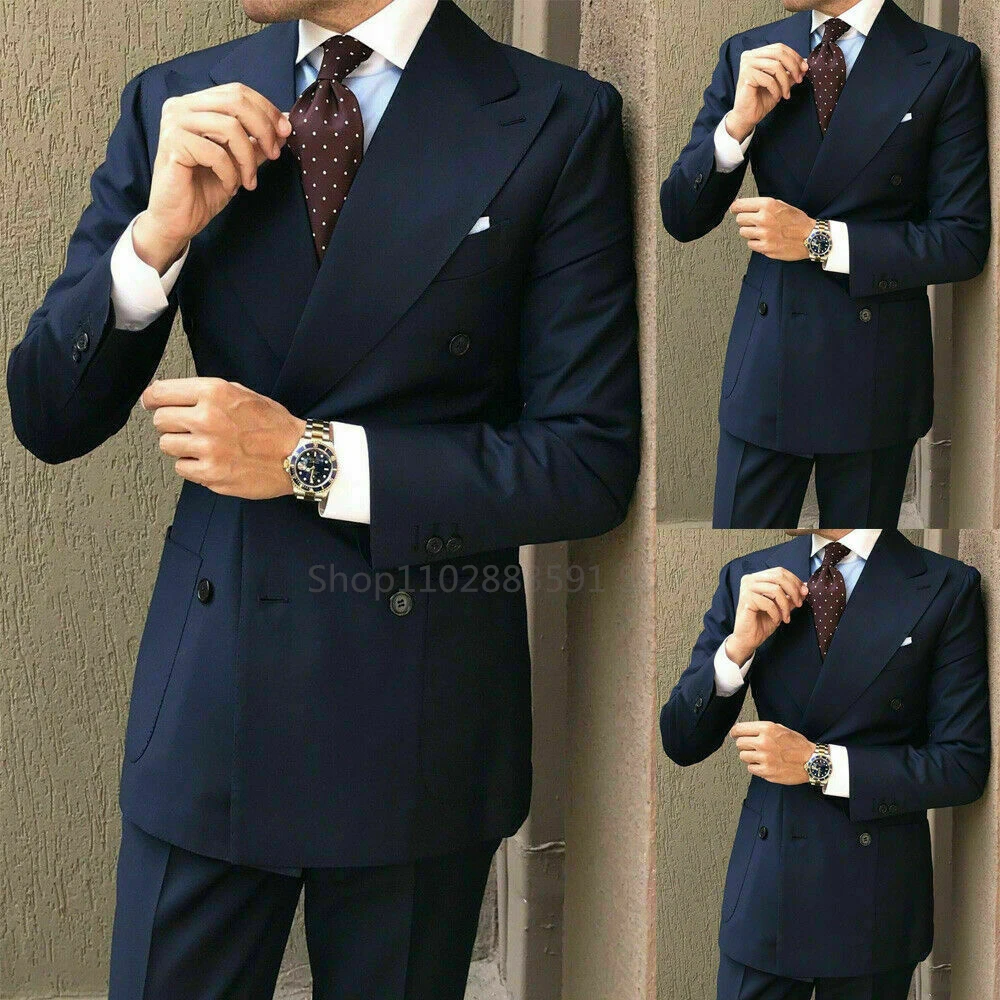 2024 New Custom doppio petto blu scuro abiti da uomo Casual blazer maschili Slim Fit Groomsmen 2 pezzi Costume abbigliamento uomo