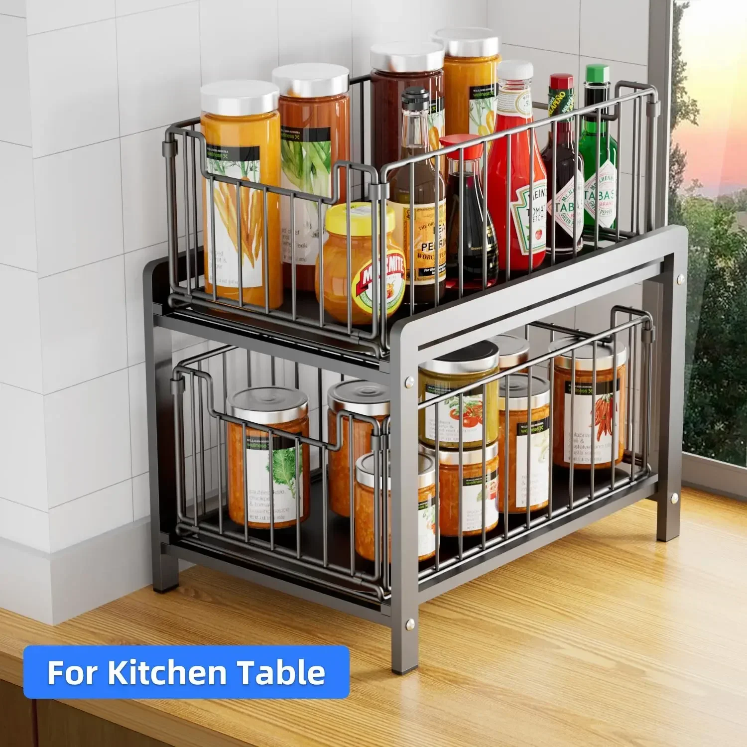 Under Sink Shelf Cabinet Organizer 2-Layer Removable Pull-Out Kitchen Under Sink Organizer Storage Rack with Drawers